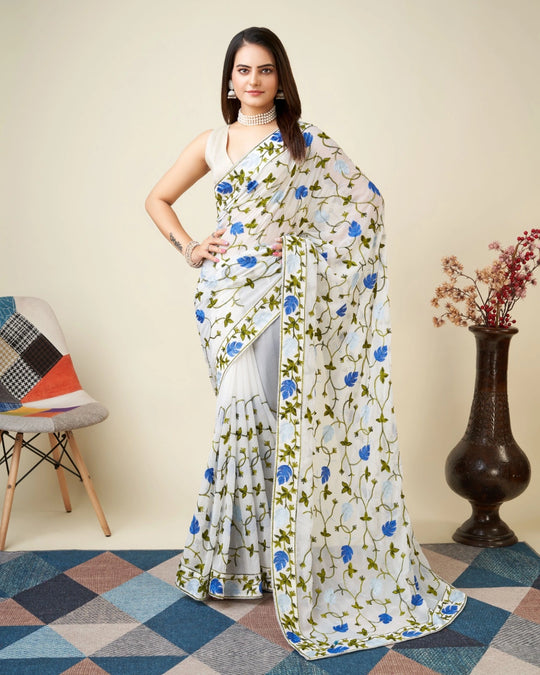 White Kashmiri Work Saree – Faux Georgette full front view – KS398