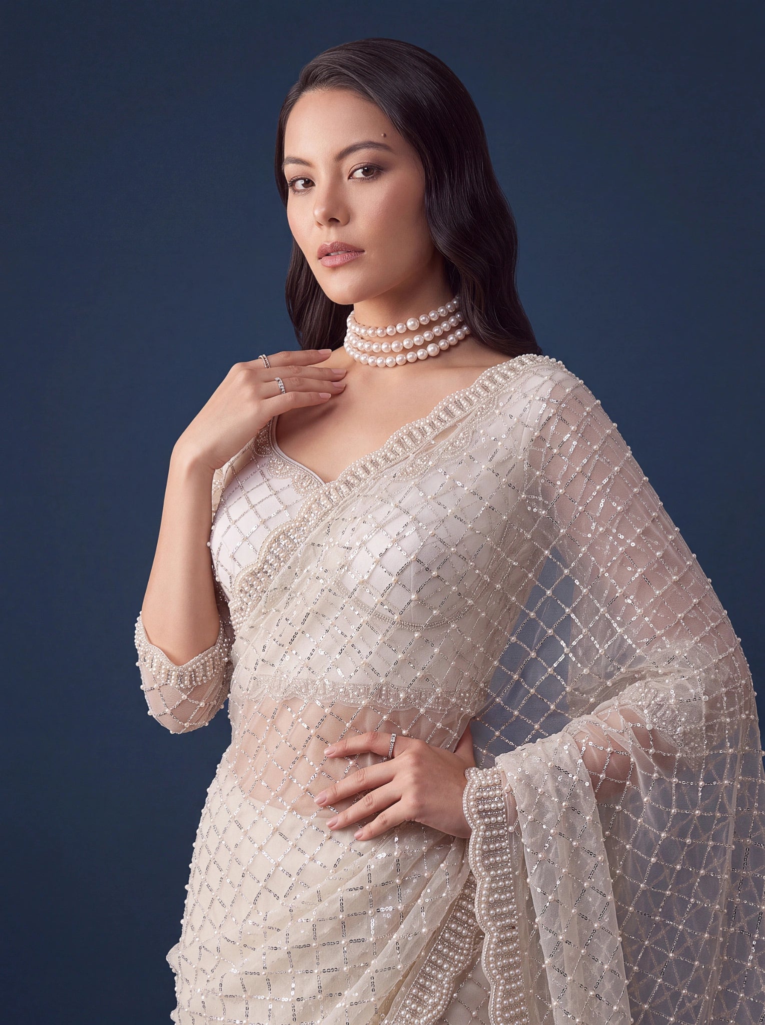 White Sequins Embroidered Saree – model close view – KS397