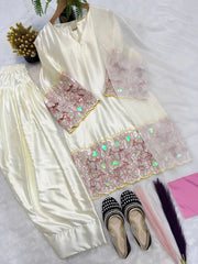 White Sequins Embroidered Suit Flat Lay with Farshi Shalwar & Dupatta | KU118 | Kalyanja