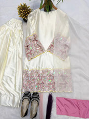 Back View of White Sequins Suit showing Open Dori Tie-Up – Flat Lay | KU118 | Kalyanja