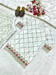White Sequins Embroidered Suit dupatta flat lay detail KU263 Kalyanja