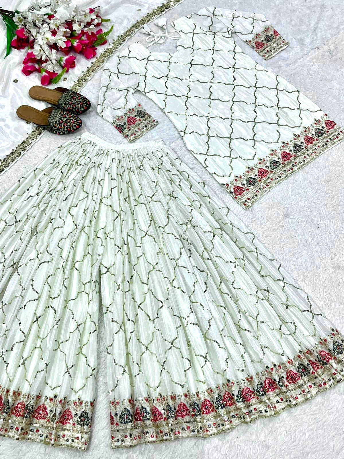 White Sequins Embroidered Suit full set kurta palazzo dupatta KU263 Kalyanja