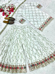 White Sequins Embroidered Suit flat lay sequins jaal palazzo KU263 Kalyanja