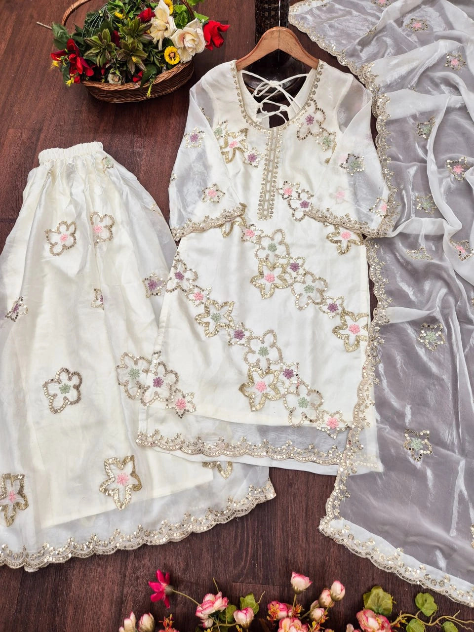 White Sequins Sharara Suit flat lay full 3-piece set with sharara and dupatta KU287