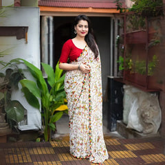 White Warli Print Georgette Saree Traditional Outdoor