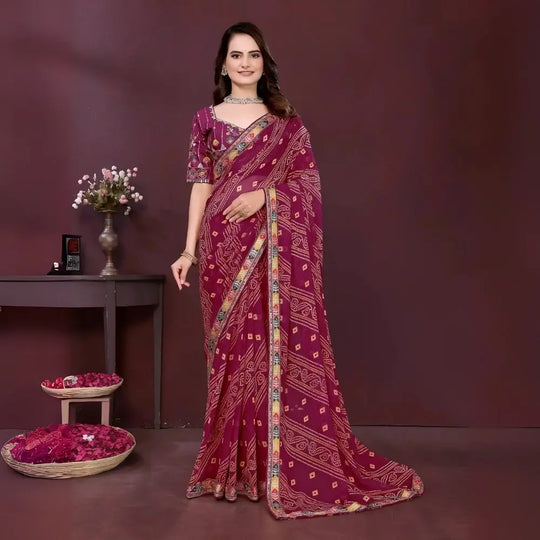 Wine Digital Print with Embroidery Work Georgette Saree