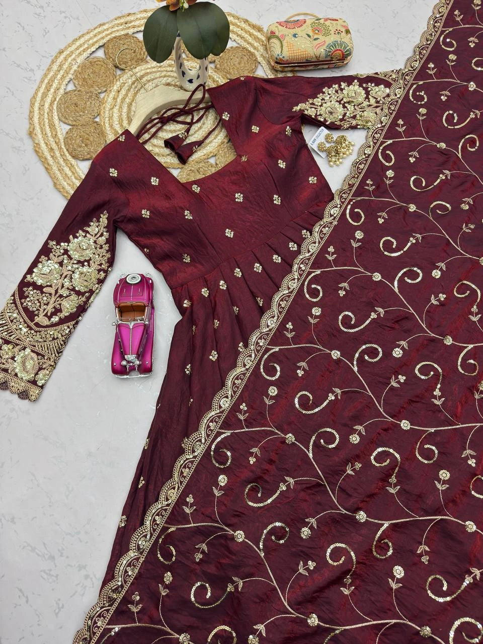 Wine Anarkali Suit flatlay hem codding embroidery close up KU267