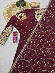 Wine Anarkali Suit flatlay hem codding embroidery close up KU267