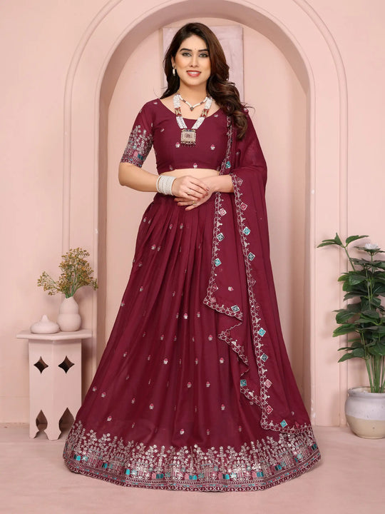 Wine Embroidered Cut Work Lehenga front full view – Kalyanja KL173