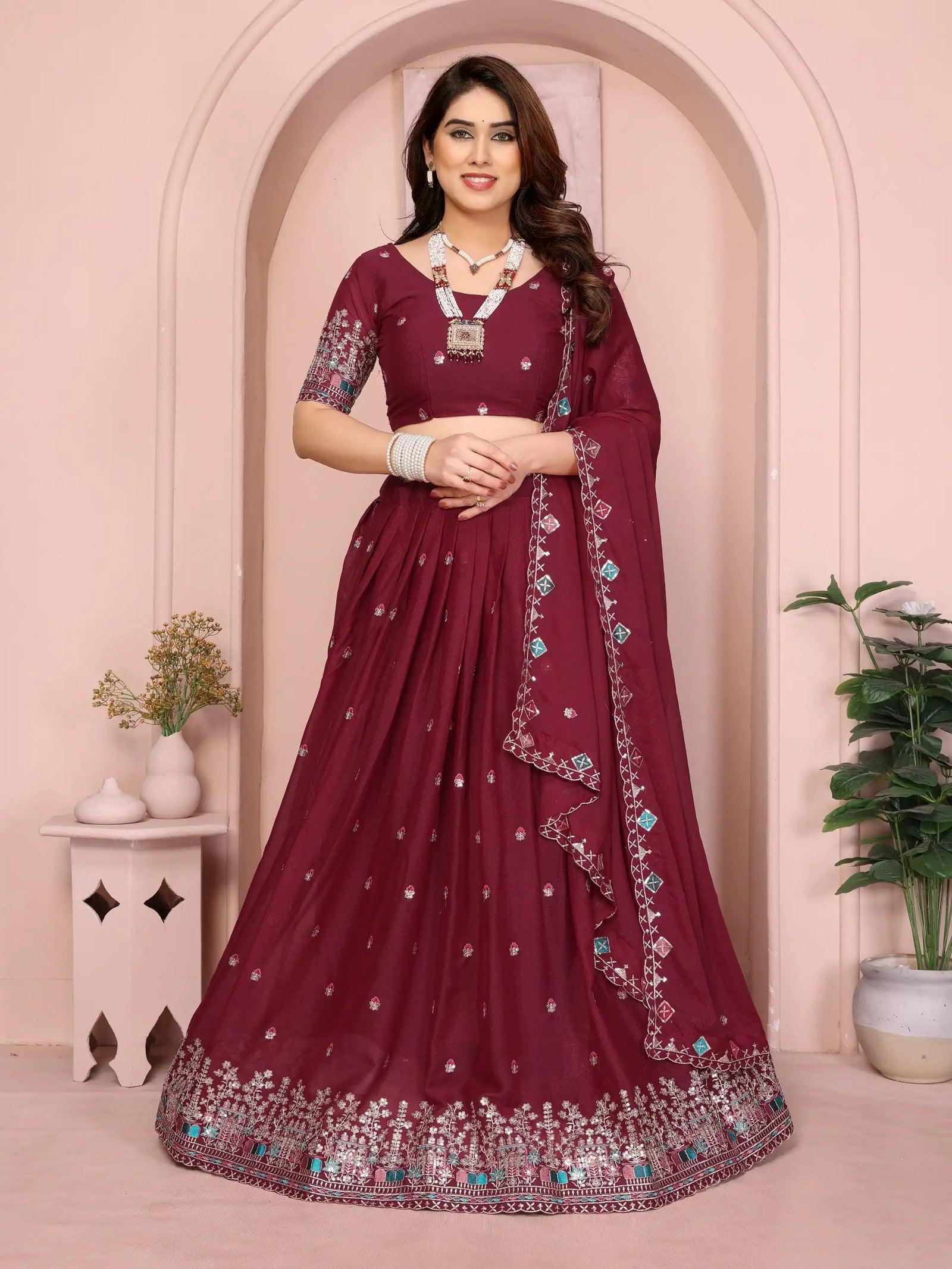 Wine Embroidered Cut Work Lehenga front full view – Kalyanja KL173