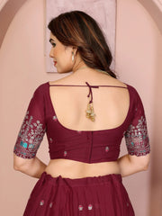 Wine Lehenga sleeve cut work embroidery close-up – Kalyanja KL173