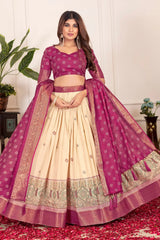 Wine Tussar Silk Blend Lehenga angled pose with dupatta – Kalyanja KL162