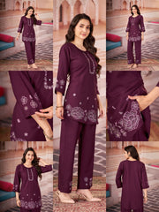 wine multi thread embroidered rayon coord set kalyanja kc13 all angles catalog