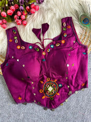 Wine Multi Thread Mirror Work Blouse – front flat lay showing sweetheart neckline, cowrie shells and mirror embellishments