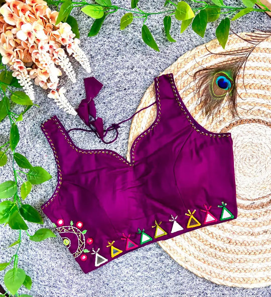 Wine Cotton Blend Multi Thread Mirror Work Blouse – Flat Lay