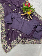 Wine Purple Saree flat lay full spread – KS376