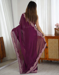 Wine Purple Embroidered Saree Back View | Rangoli Silk Blend | KS392 | Kalyanja