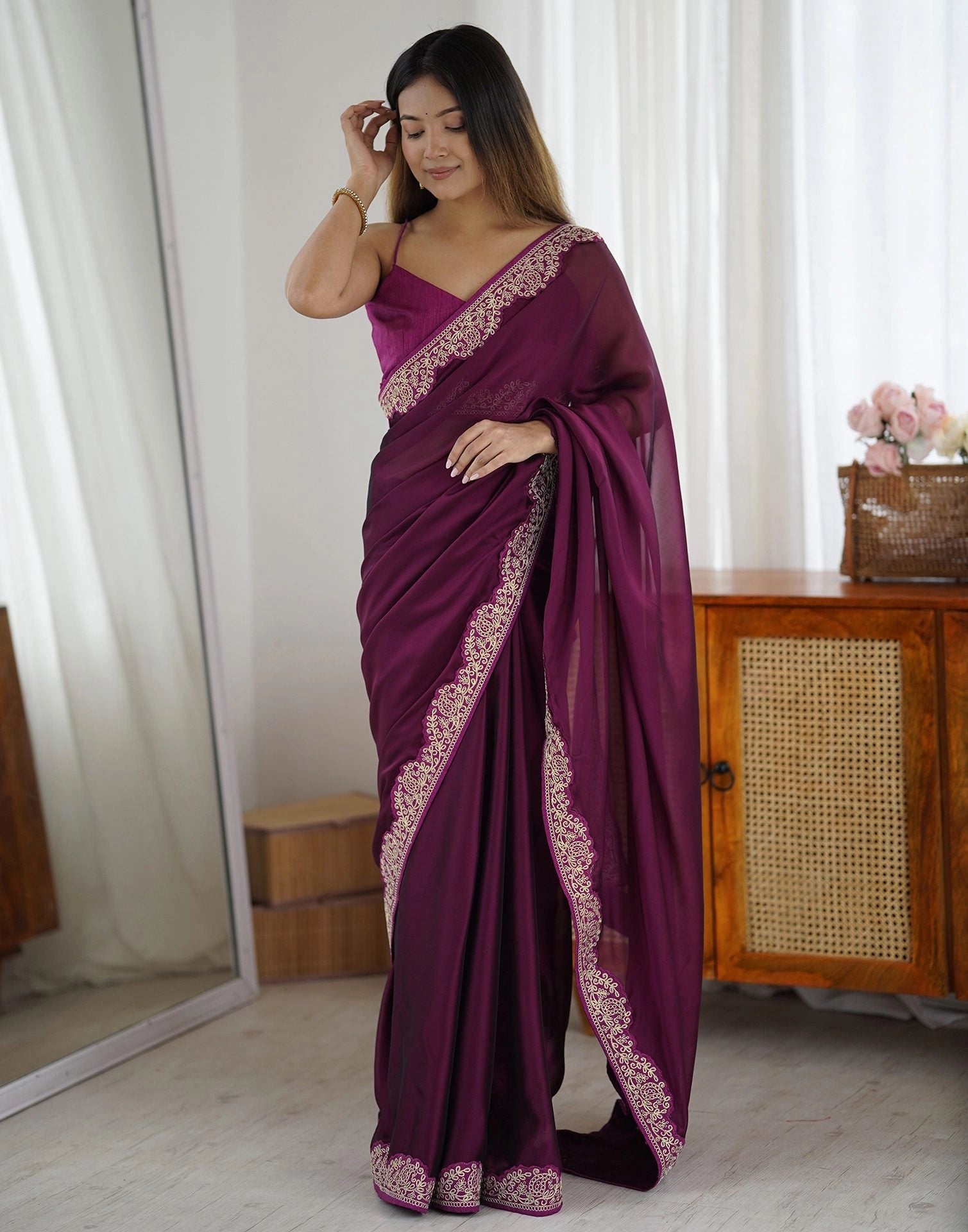 Wine Purple Embroidered Saree | Rangoli Silk Blend | KS392 | Kalyanja