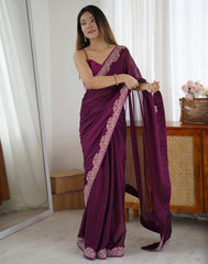 Wine Purple Embroidered Saree Party Wear | Rangoli Silk Blend | KS392 | Kalyanja