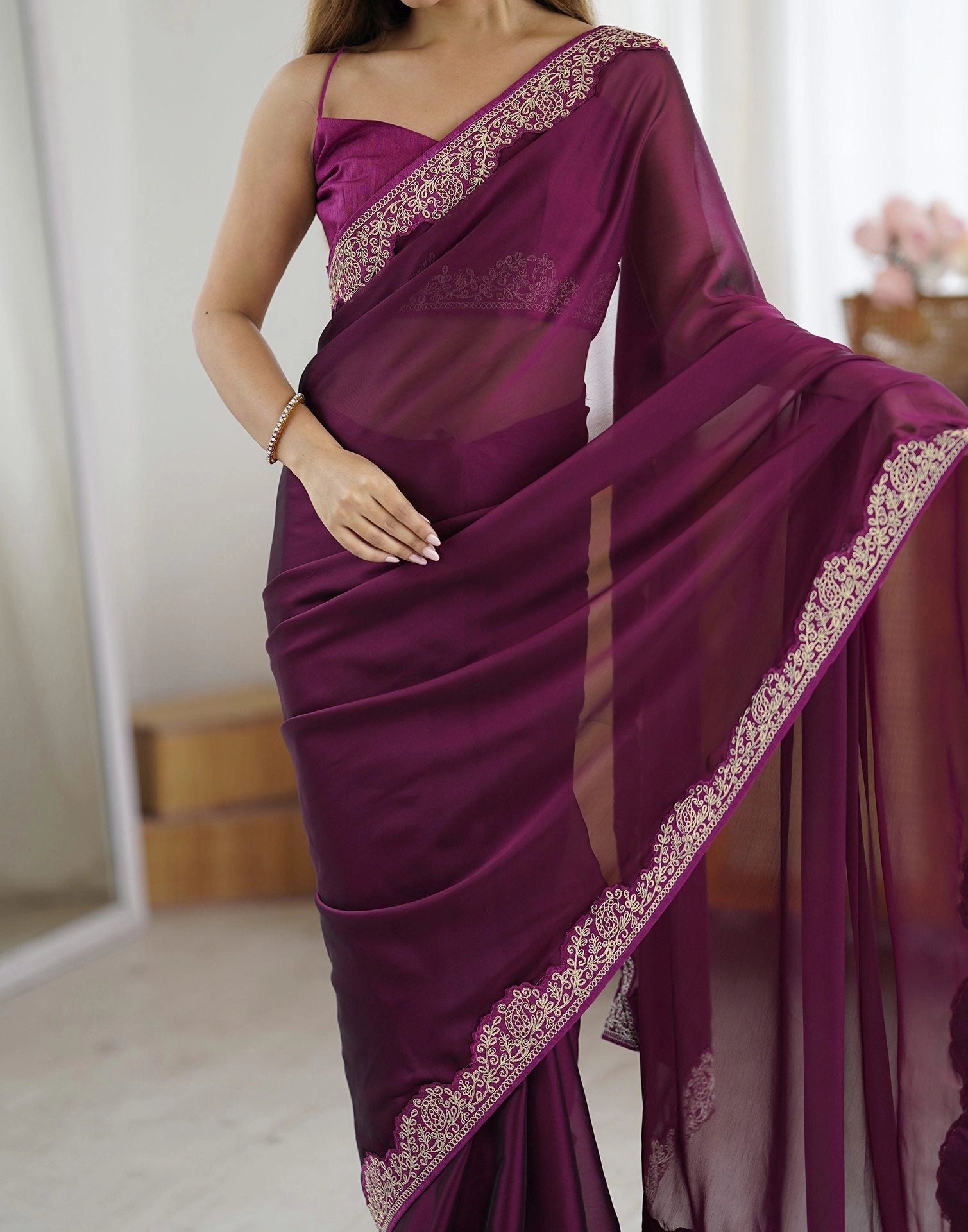 Wine Purple Embroidered Saree Festive | Rangoli Silk Blend | KS392 | Kalyanja
