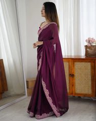 Wine Purple Embroidered Saree Side View | Rangoli Silk Blend | KS392 | Kalyanja