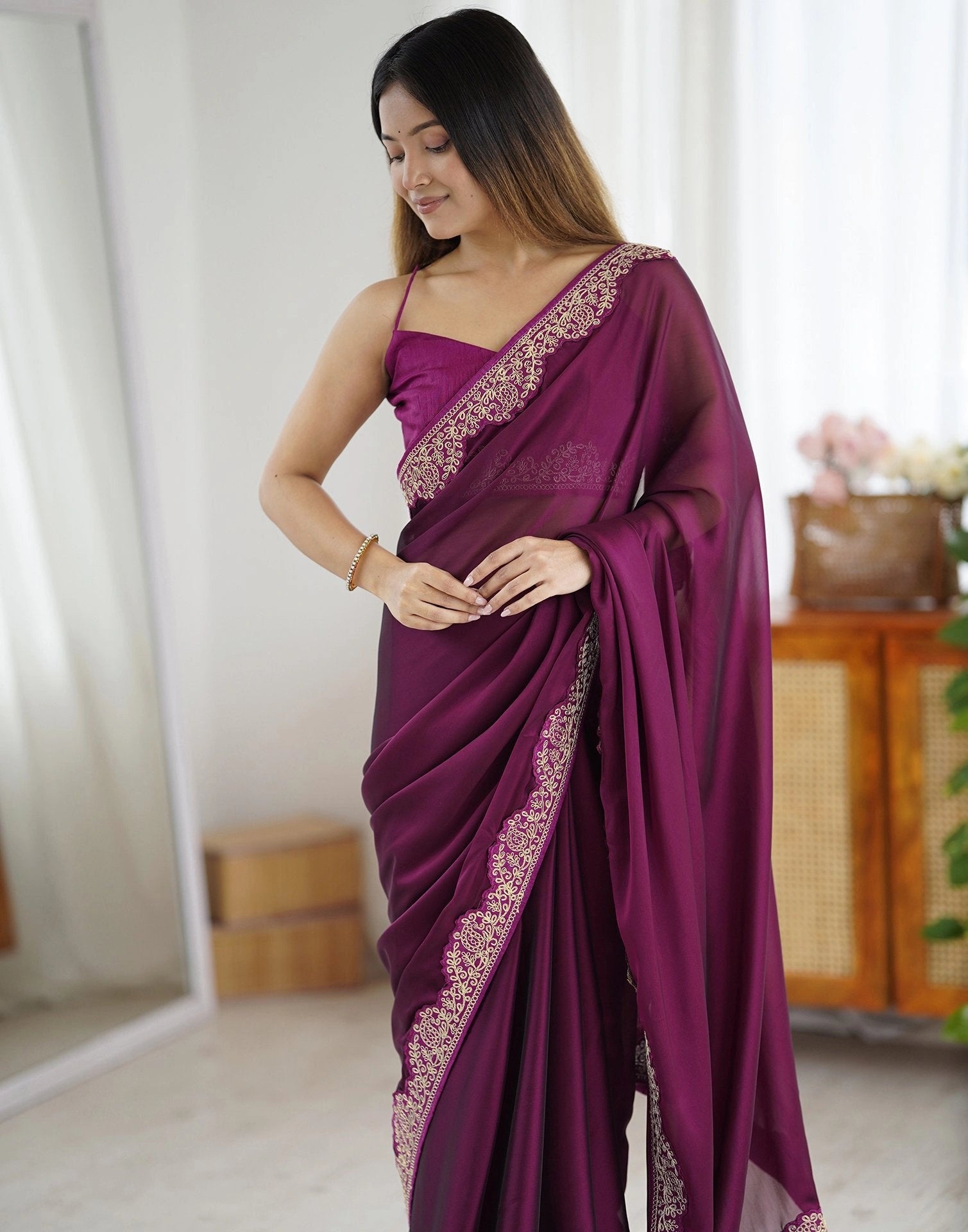 Wine Purple Embroidered Saree Wedding | Rangoli Silk Blend | KS392 | Kalyanja