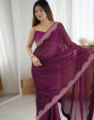 Wine Purple Embroidered Saree Silk | Rangoli Silk Blend | KS392 | Kalyanja