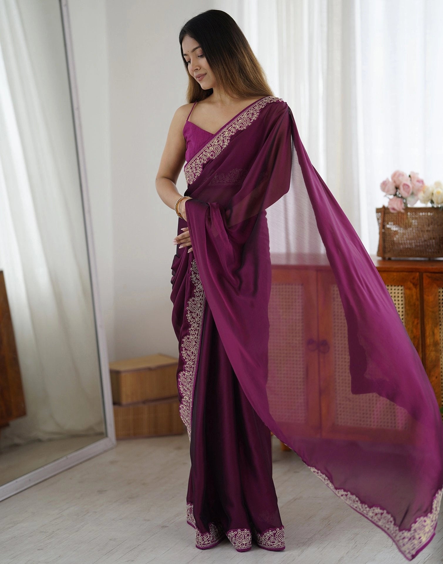 Wine Purple Embroidered Saree Detail | Rangoli Silk Blend | KS392 | Kalyanja