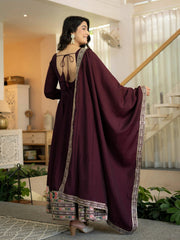 Wine Sequins Anarkali Suit back view showing open dori tie-up back design