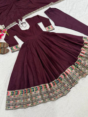 Wine Anarkali Suit flat lay different angle showing colorful border detail