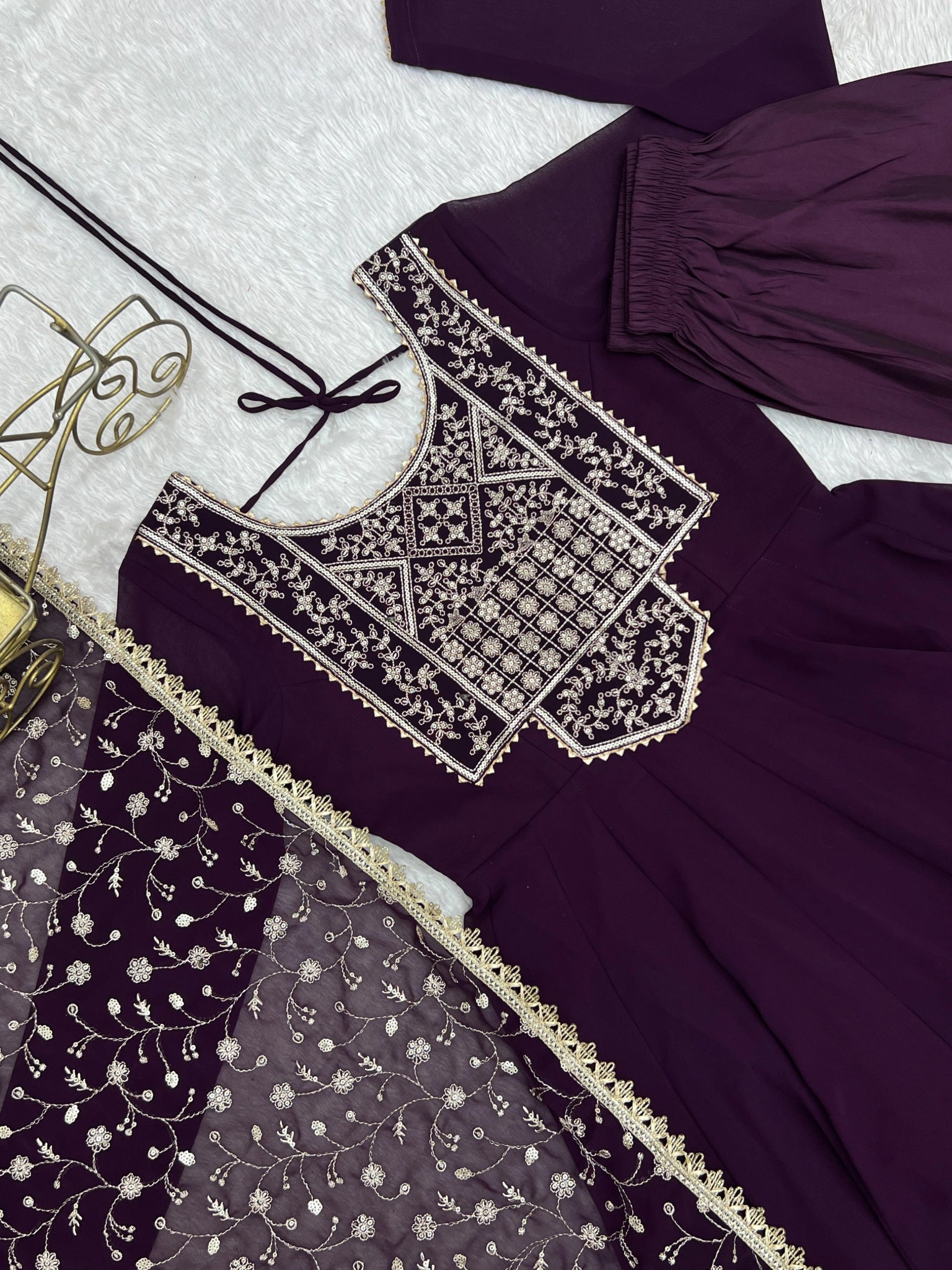 Wine Anarkali Suit flat lay yoke embroidery close-up dori back detail – Kalyanja KU283