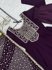 Wine Anarkali Suit flat lay yoke embroidery close-up dori back detail – Kalyanja KU283