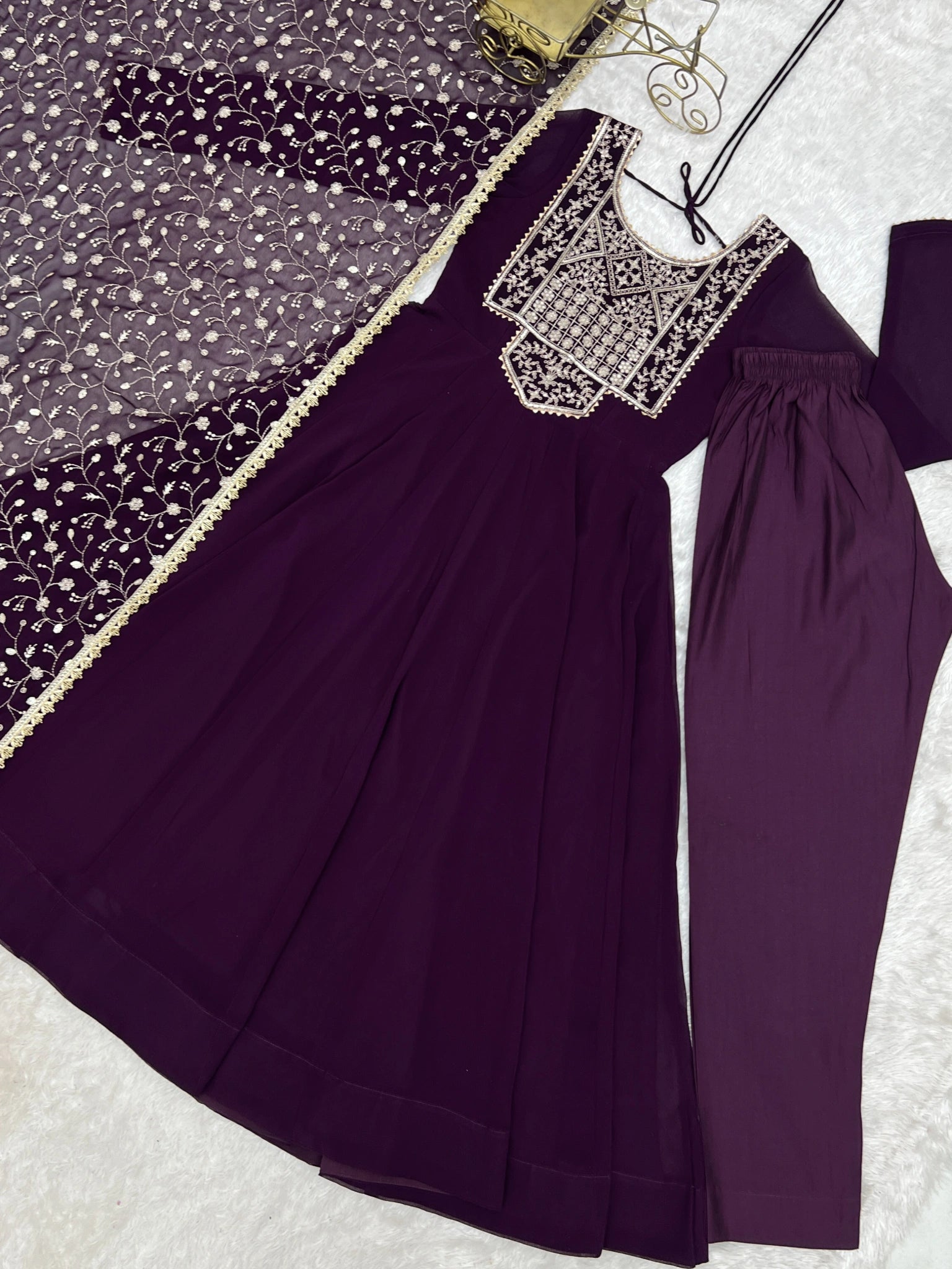 Wine Faux Blooming Georgette Suit flat lay full set with Pant and dupatta – Kalyanja KU283
