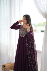 Wine Faux Blooming Georgette Suit 3/4 length looking up dupatta on side – Kalyanja KU283