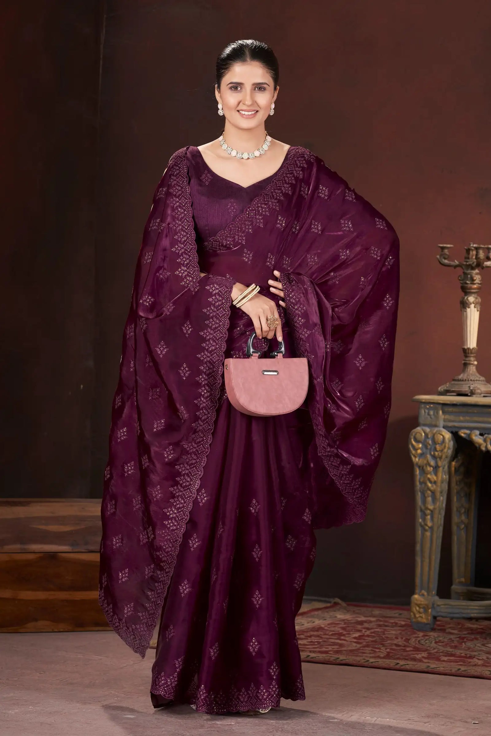Wine Saree border cut-work detail – KS377