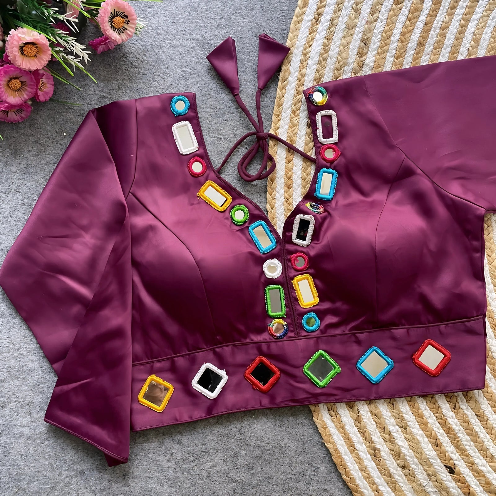 Shop Wine Mirror Work V-Neck Silk Blouse | Kalyanja