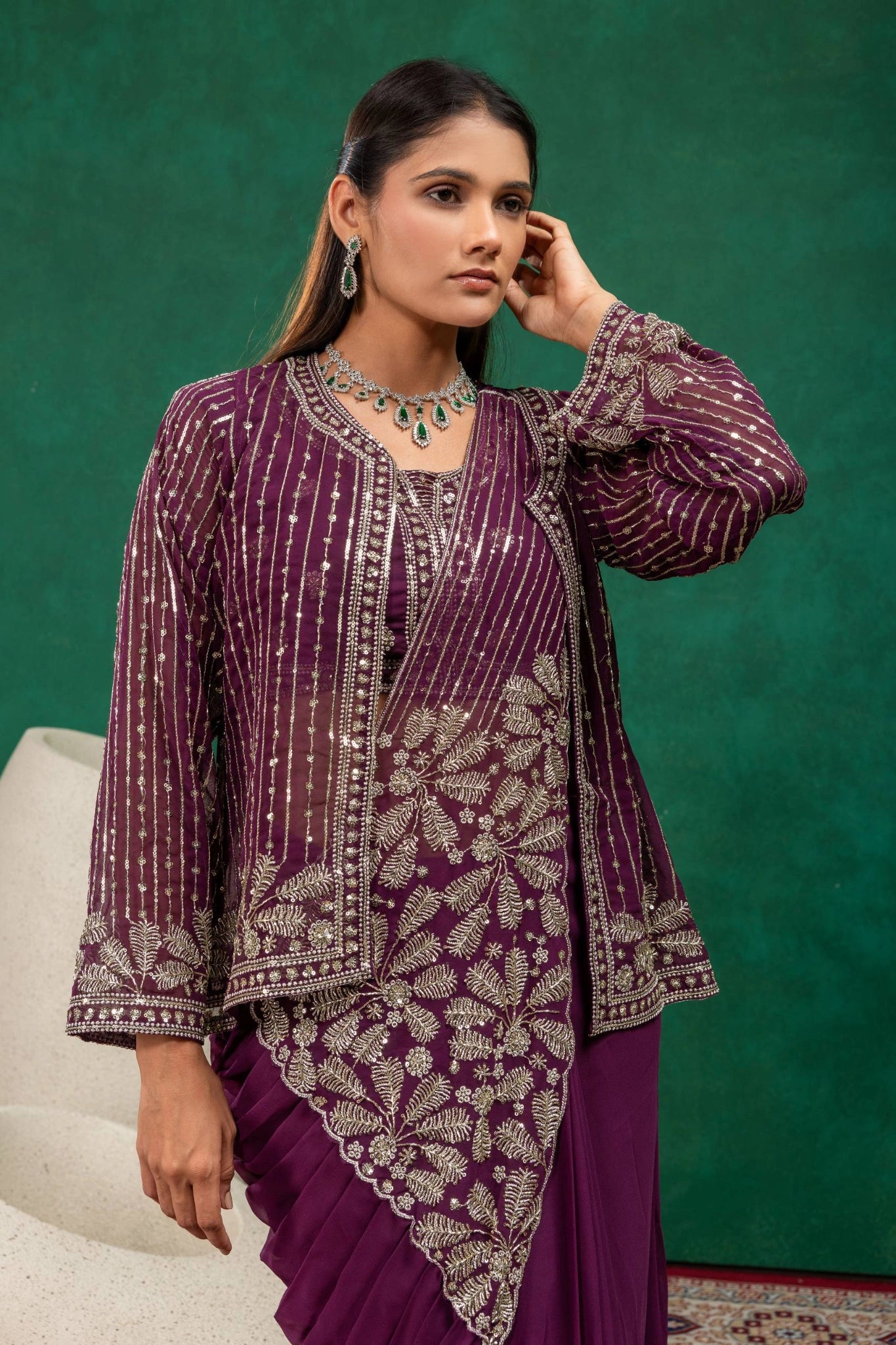 Wine Heavy Embroidered Faux Georgette Saree KS394 model shot