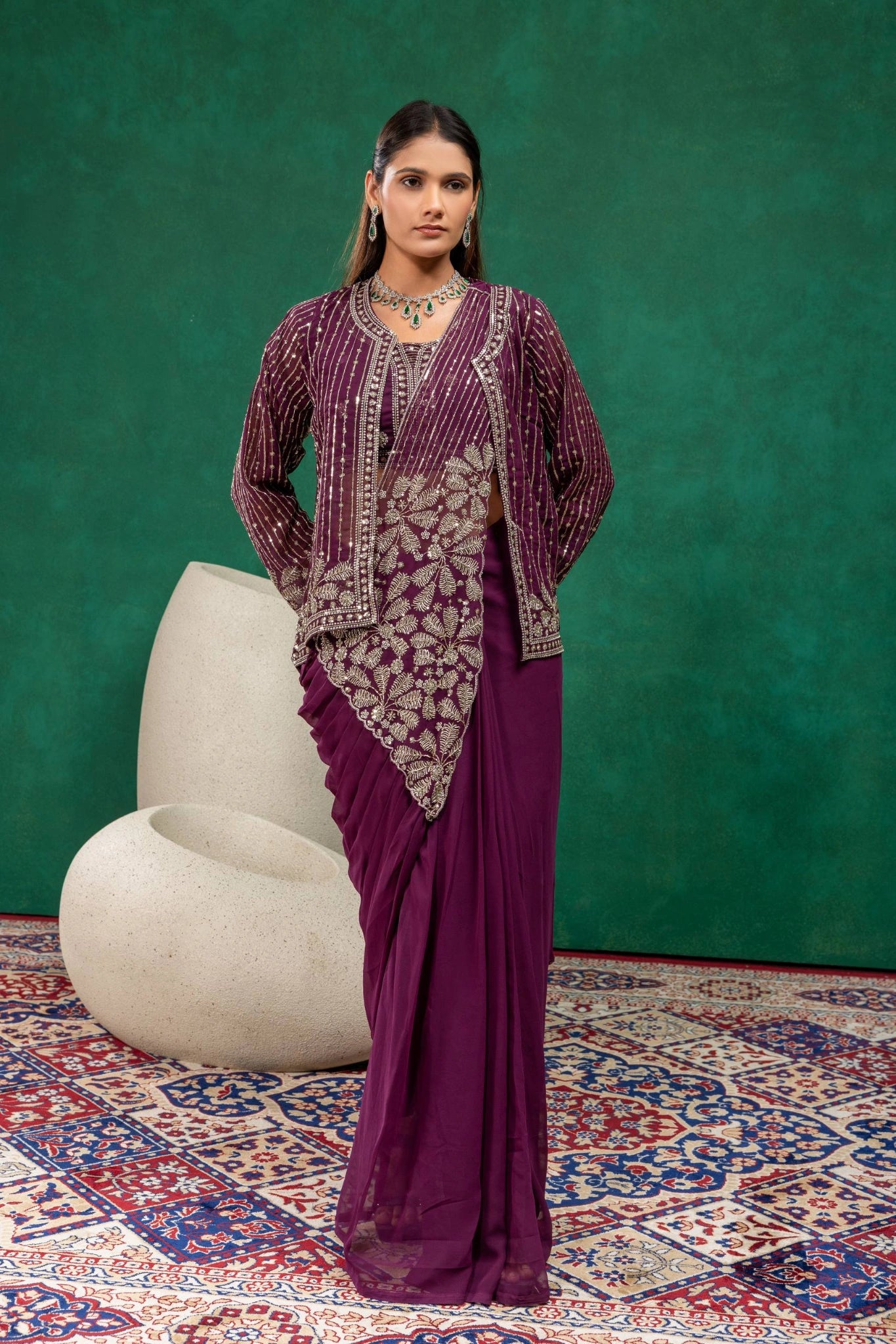 Wine Beads Work Zari Saree KS394 model wedding wear