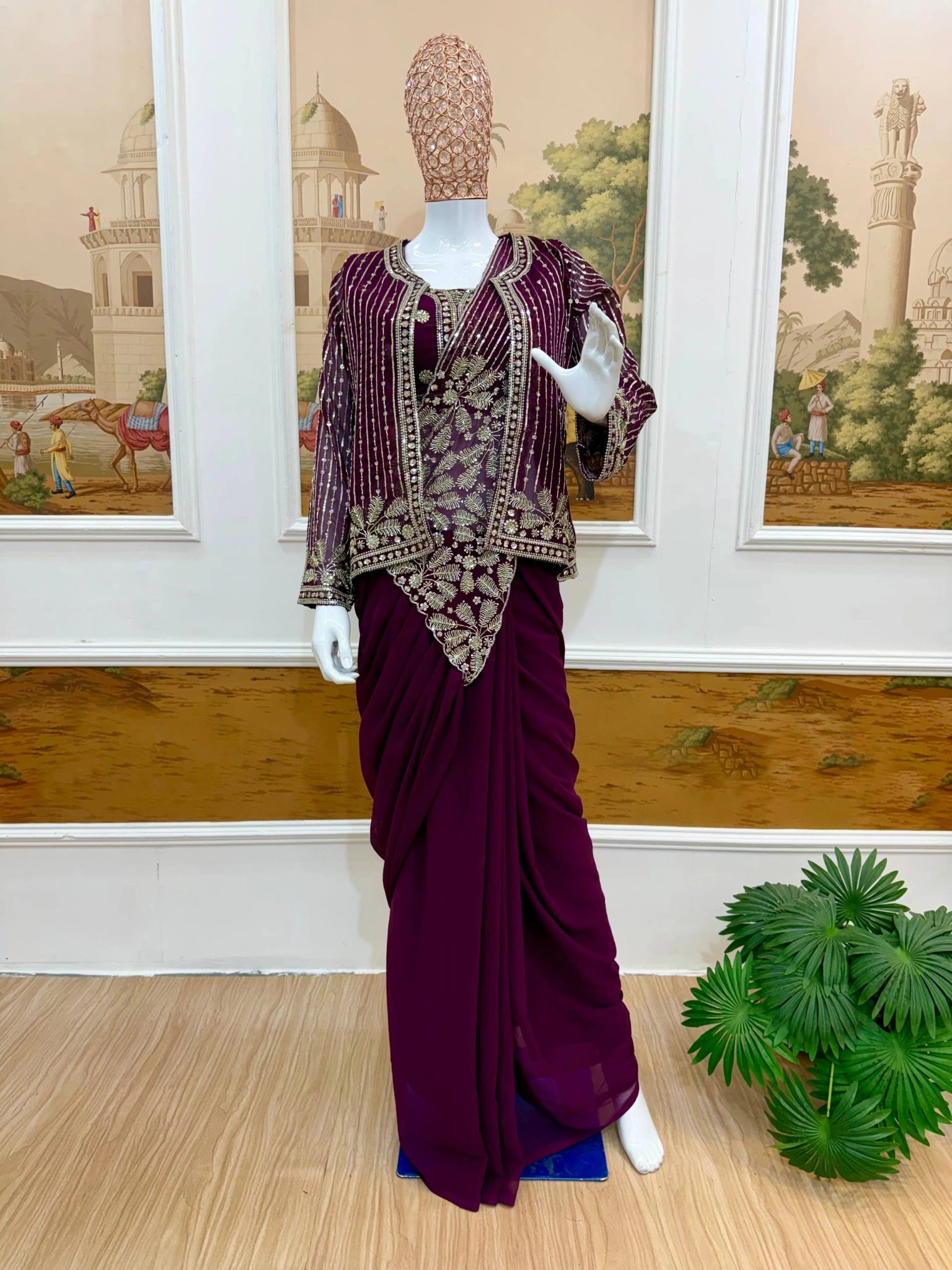 Wine Zari Embroidered Saree KS394 pallu embroidery detail