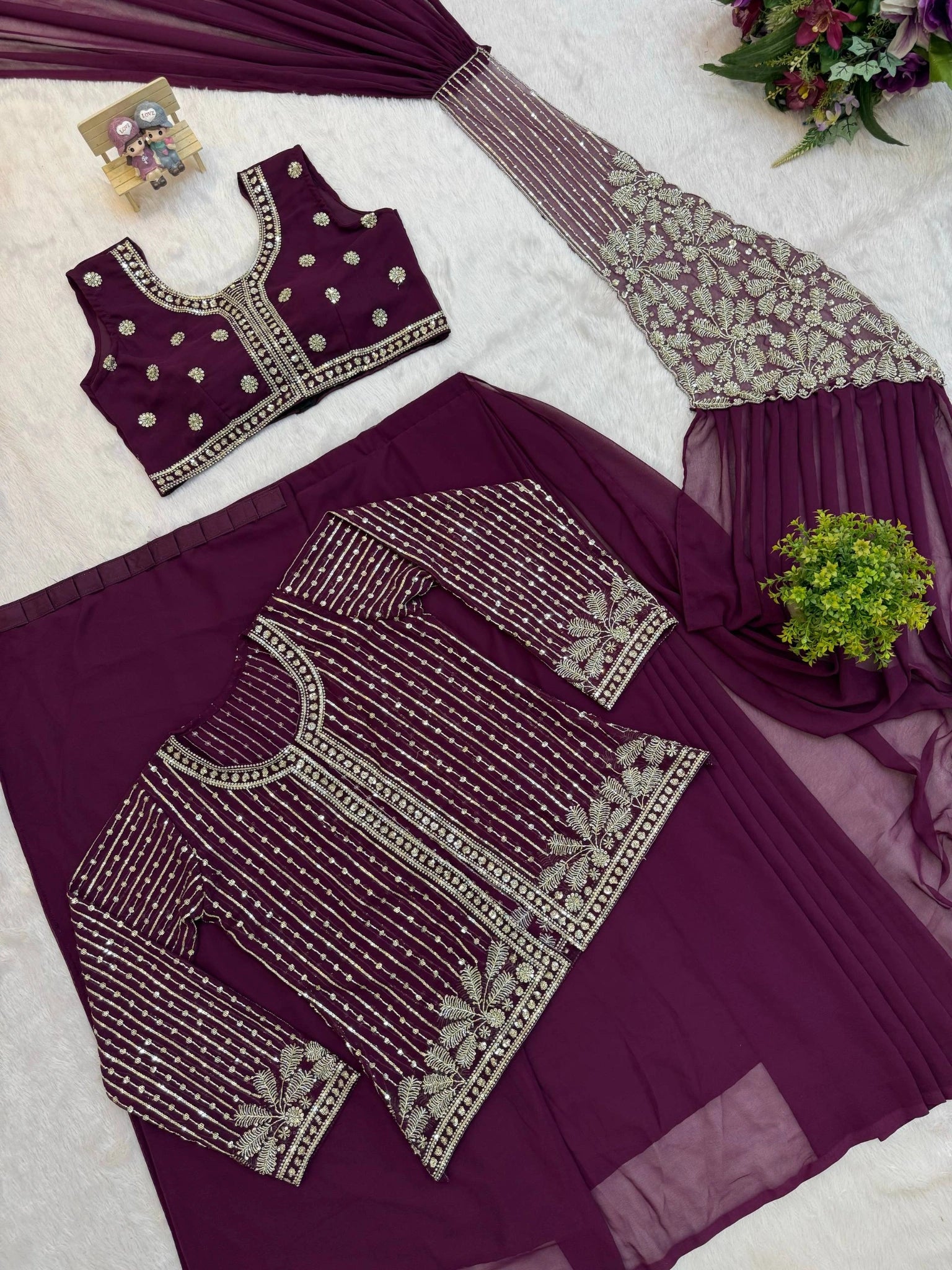 Wine Zari Embroidered Saree KS394 flat lay blouse piece set