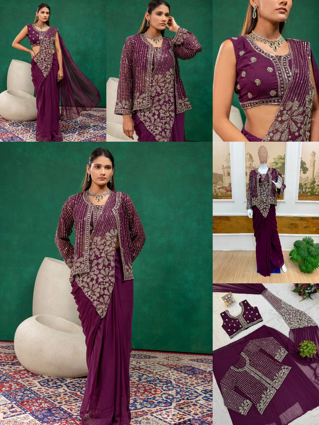 Wine Zari Embroidered Saree KS394 multiple views