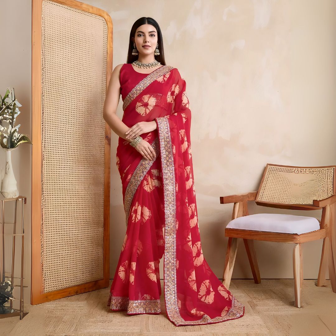 A woman models a vibrant Deep Red Georgette Saree featuring an all-over circular printed motif. The saree is bordered by dense metallic embroidery and beadwork. She wears a red sleeveless blouse and a heavy green gemstone or Kundan necklace.