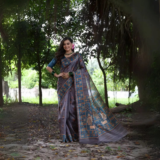 A woman models a sophisticated Soft Tussar Silk Saree. The saree is charcoal gray with a wide, contrasting deep teal and rust border and pallu featuring intricate traditional and figurative prints. She wears a teal blouse, a green beaded necklace, and is posed in a garden setting.