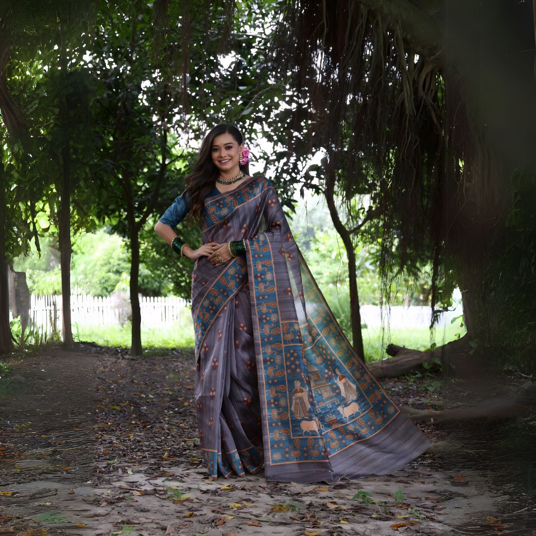 A woman models a sophisticated Soft Tussar Silk Saree. The saree is charcoal gray with a wide, contrasting deep teal and rust border and pallu featuring intricate traditional and figurative prints. She wears a teal blouse, a green beaded necklace, and is posed in a garden setting.