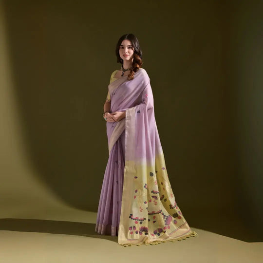 Woman Lavender Silk Saree Yellow Floral Pallu Tassel Border