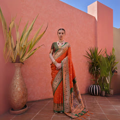 Woman Orange Green Silk Saree