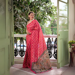 Woman Pink Geometric Saree Floral Embroidered
