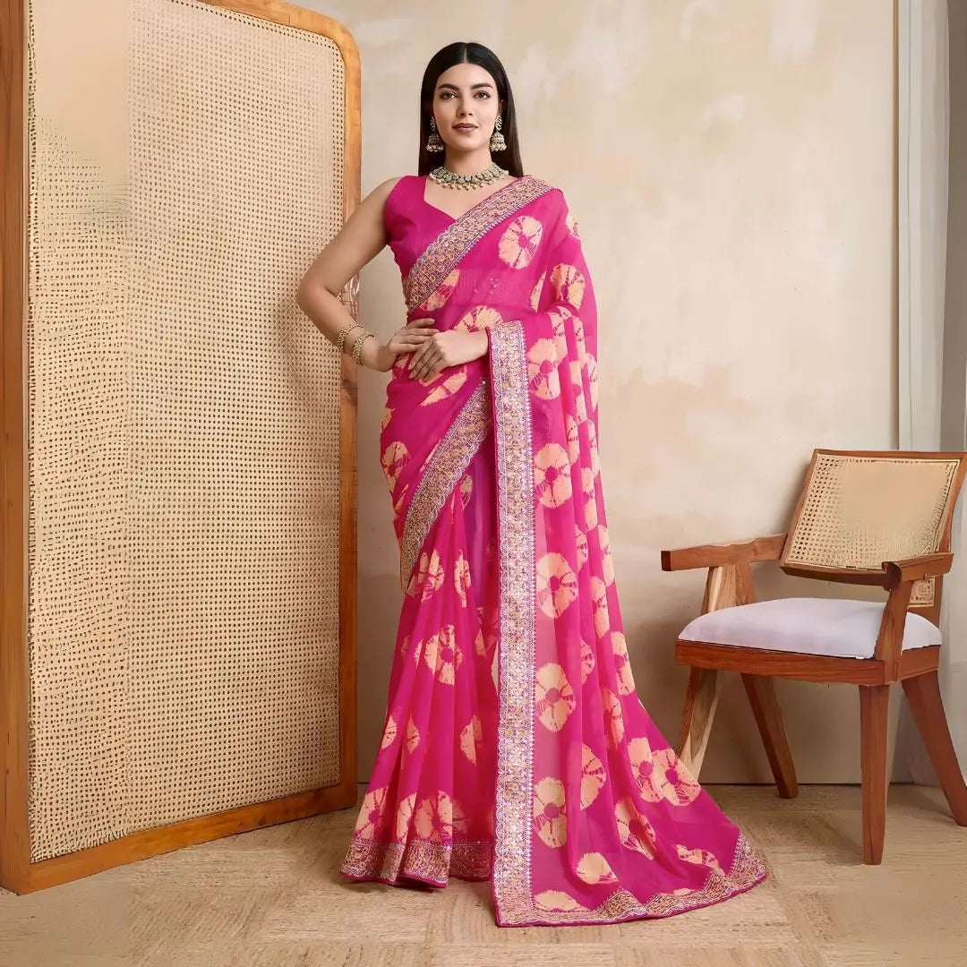 A woman models a vibrant Hot Pink Georgette Saree featuring an all-over circular print. The saree is bordered by dense metallic embroidery and beadwork. She wears a pink sleeveless blouse and a heavy green gemstone or Kundan necklace, posing indoors.