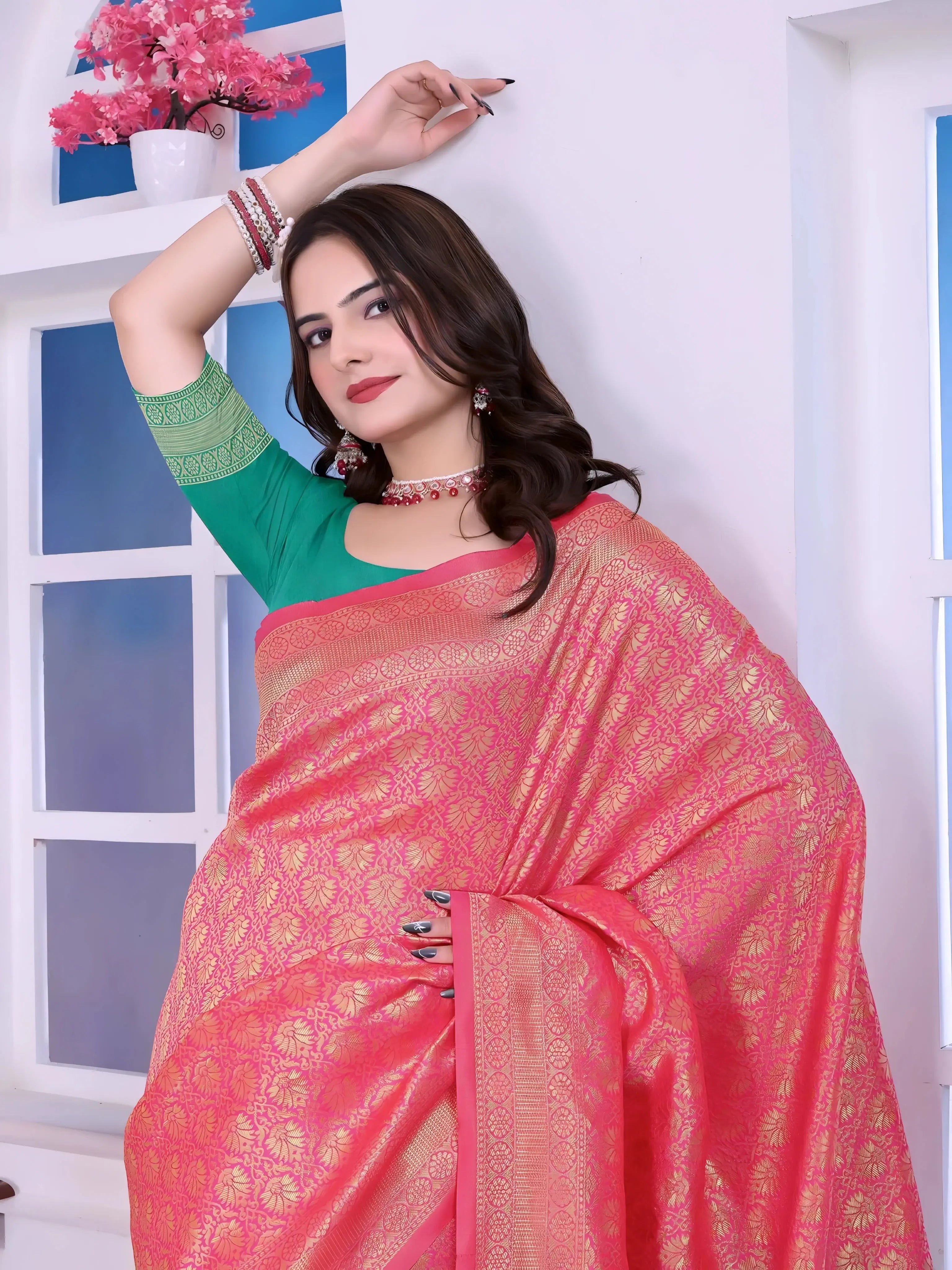 Woman Pink Silk Saree Green Pallu Golden Motifs Floral Hair Accessory