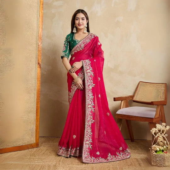 Woman Purple Silk Saree Pink Gold Border Traditional Jewelry Terracotta Terrace